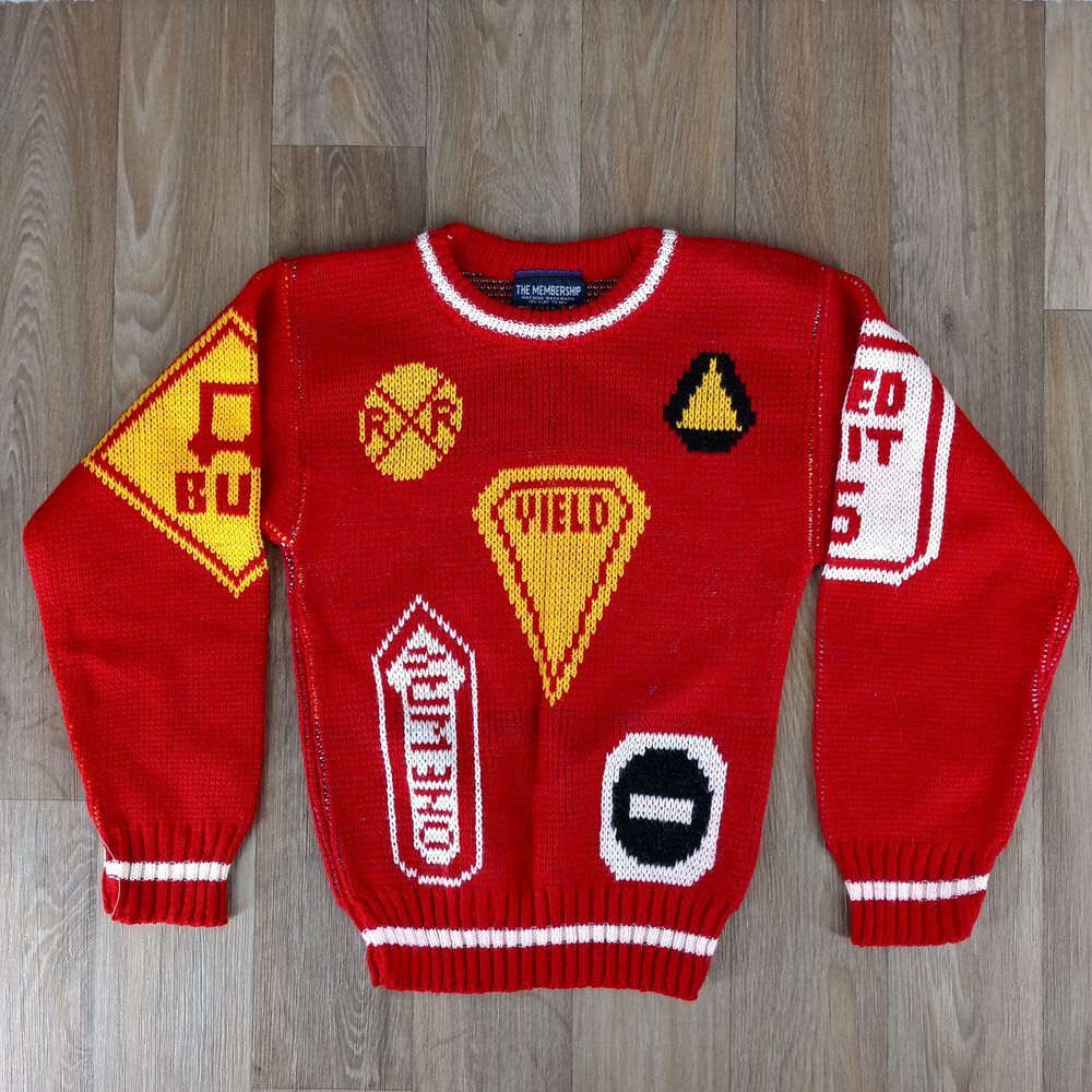 Vintage The Membership Child Sz 8/10 Red Traffic Signs Knit Sweater Made in USA